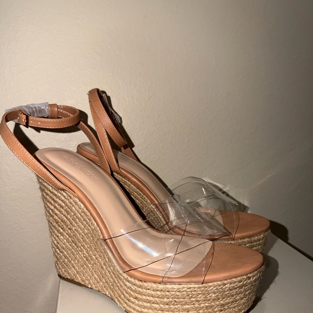 Fashion Nova Tan Wedges with Clear Straps
